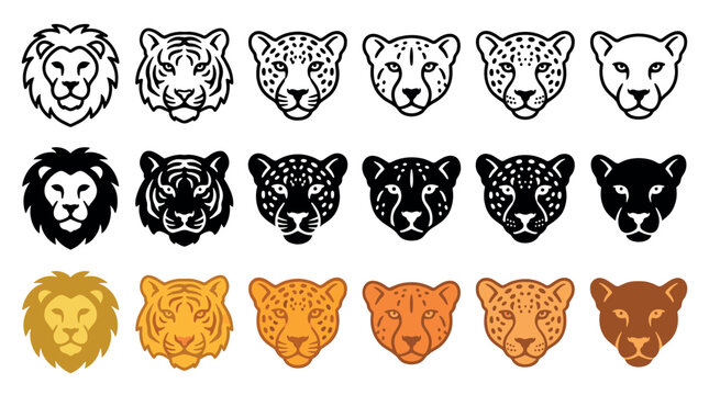 Big cat head icon collection with lion, tiger, leopard, and cheetah faces in outline, silhouette, and flat color styles for graphic design and branding elements