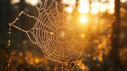Delicate Spider Web Adorned with Sparkling Water Droplets in a Serene Natural Setting