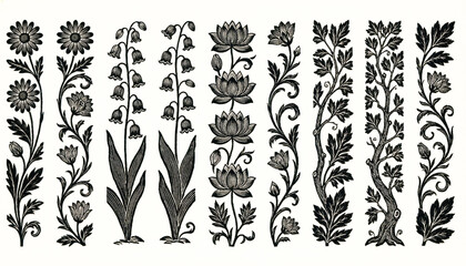 Intricate Monochrome Botanical Border Illustrations