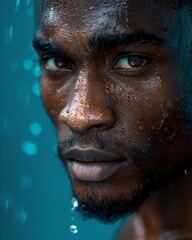 Man with a Wet Face Against a Vivid Blue Background, Capturing Emotions and Reflections in the Light