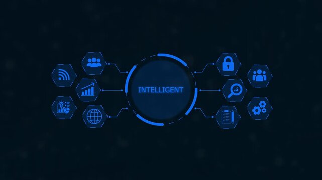 Centralized digital network hub displaying the word INTELIGENT surrounded by interconnected hexagonal representing data analysis security and