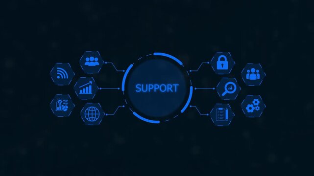 Digital network diagram with central word SUPORT surrounded by hexagonal representing connectivity data analysis teamwork security and growth on a
