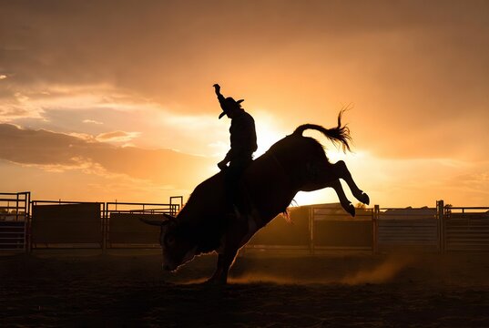 A cowboy is riding a bucking bull against a sunset backdrop.