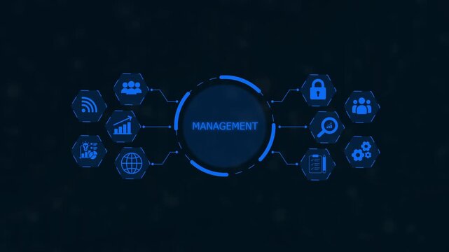 Digital network diagram illustrating management concepts with interconnected and central text on a dark blue background Keywords: management, business