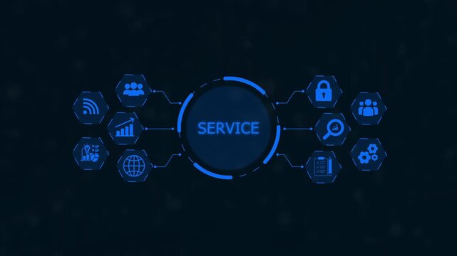 Central hub displaying the word SERVICE in blue text surrounded by interconnected business and technology on a dark blue background Keywords