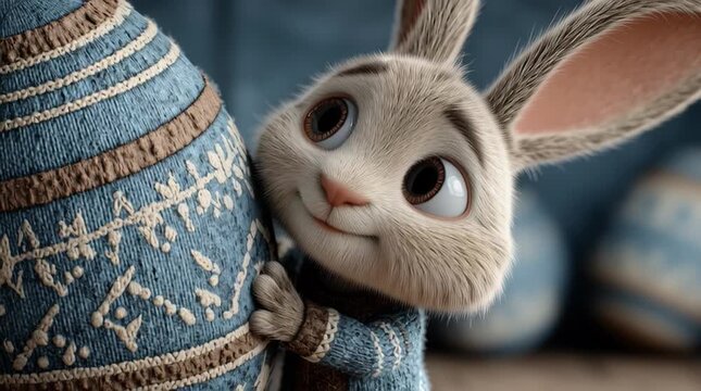 Cute animated bunny peeking from behind a knitted easter egg with blue and white pattern