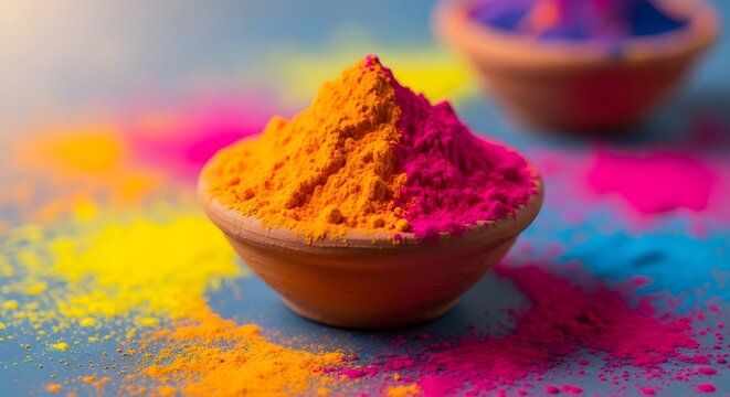 Vibrant holi colors in traditional clay cups for hindu festival of colors