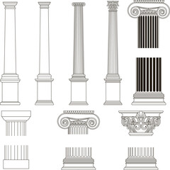 Architectural of various classical column styles and capitals including Ionic Corinthian and Doric orders in outline