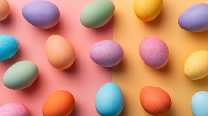Flat lay composition of colorful Easter eggs on pastel split background. Modern geometric holiday pattern. Creative minimal spring design.