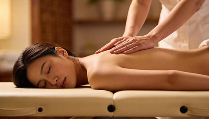 Obraz premium A woman receiving a relaxing back massage on a comfortable spa bed