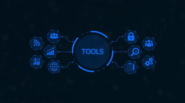Digital network interface with the word TOLS in a central glowing blue circle surrounded by representing various functionalities and utilities Keywords