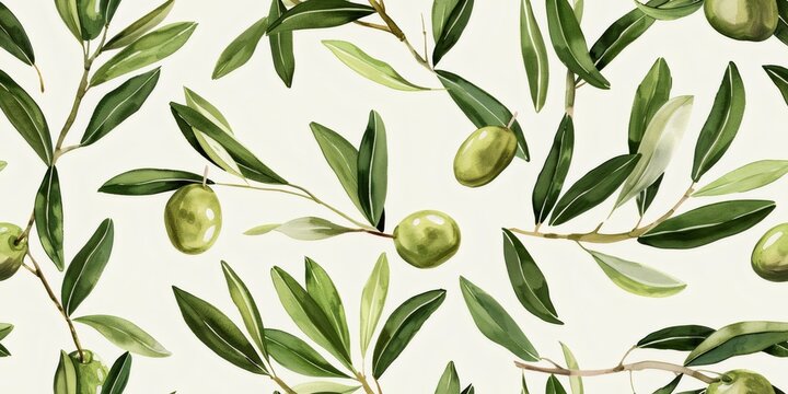 Olive branches and green olives watercolor seamless pattern