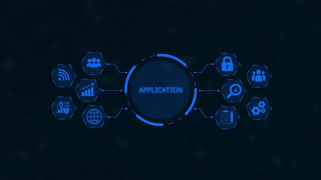 Technological infographic with the word APLICATION in glowing blue text at its core, linked to hexagonal representing network data, security, and