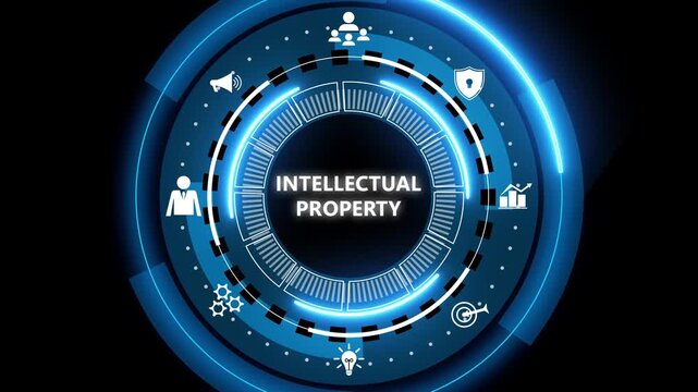 Futuristic blue circular digital interface with text intellectual property, surrounded by icons for security, innovation, patents, copyright, analytics and business protection.
