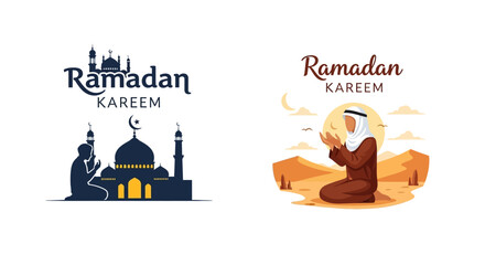 Ramadan kareem greetings with mosque and praying man illustrations © Sumon