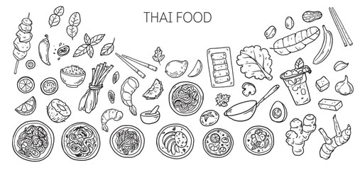 Hand drawn Thai food sketch . Whimsical food and drink doodles set. Hand drawn vector illustration for menu, packaging design. Thai cuisine quirky icons, simple sketch style. Minimalist line art
