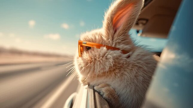 Funny rabbit with sunglasses sticking head out of car window on road trip
