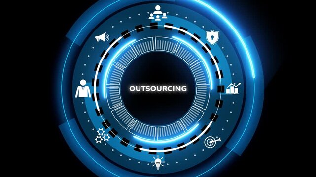 Futuristic blue circular HUD interface with the word outsourcing in center and surrounding business icons, representing digital services, technology, and corporate strategy.