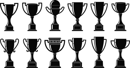 Trophy cup silhouette collection isolated on white background, award winner prizes, championship achievement symbols, sport competition success, victory icon design set