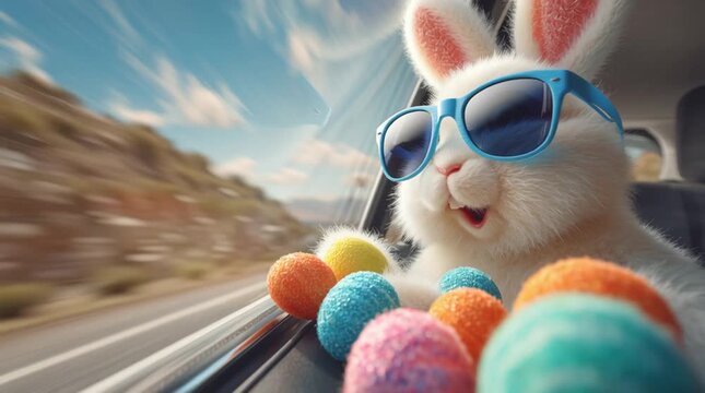 Cool white easter bunny with sunglasses and colorful eggs riding in a car