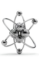 Chrome metallic atom model with orbiting electrons on a white background, representing science and physics