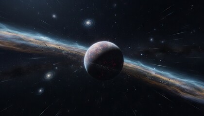 Fototapeta premium Colorful planet surrounded by a glowing ring and distant galaxies in a vast cosmic space, with stars and light streaks creating a dynamic celestial scene