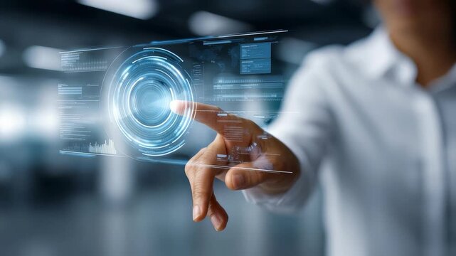 Person in formal attire uses transparent touch screen with glowing circular interface, symbolizing digital transformation. Scene highlights innovation, data analysis, smart technology trends
