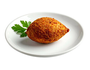 Deep-fried kibbeh on white plate with parsley garnish; savory Middle Eastern cuisine with crispy crust and appetizing presentation