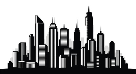 Black and white silhouette of a modern cityscape with towering skyscrapers
