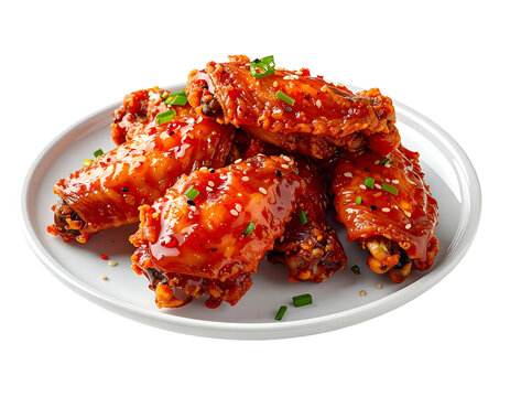 Delicious Korean fried chicken wings glazed with spicy chili sauce and sesame seeds on a white plate against black background