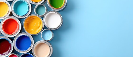 Colorful paint cans arranged on a blue background with space available for text and design elements for various projects and uses