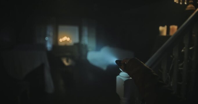 Arm holding out flashlight in dark, spooky living room at night - pov shot