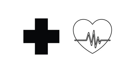 Obraz premium Healthcare symbols a black medical cross and a heart with an electrocardiogram