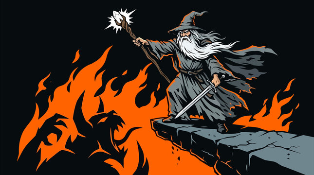 Cinematic wide-angle illustration of a brave sorcerer fighting a colossal shadow and flame monster in a deep cavern