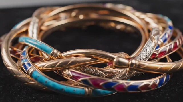 Gold bangles with enamel decoration stacked on dark surface