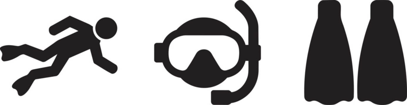 Icons for diving and swimming activities with diver, mask, and fins on transparent background