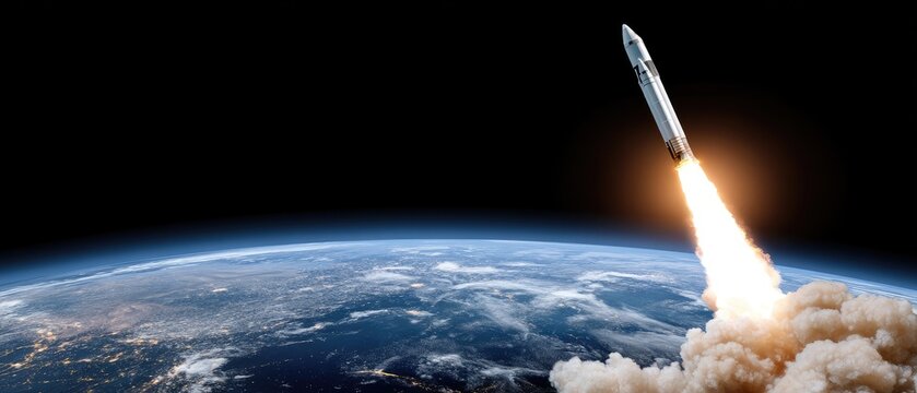 Space shuttle launches into the sky from Earth for an interstellar mission on a clear day with visible clouds and distant cities below