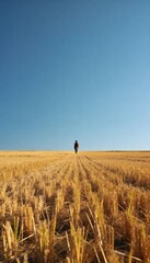 A lone figure standing in a vast golden wheat field under a clear blue sky