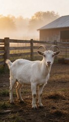 Obraz premium White goat standing in front of a rustic wooden fence and a barn at sunrise on a farm