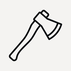 Black outline of an axe with a curved handle and sharp blade on a light beige background tool