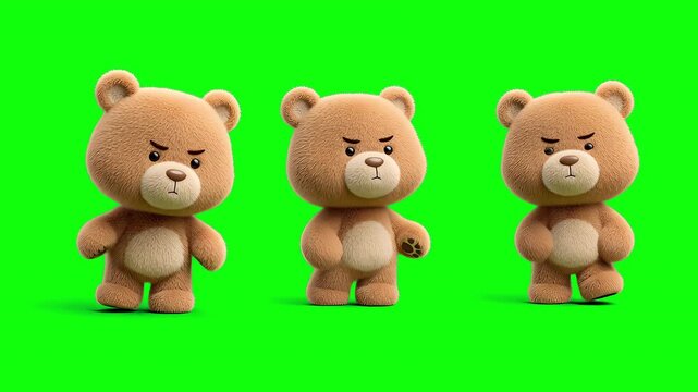 3D angry teddy chibi style bear character isolated on green screen background