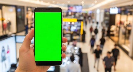 Obraz premium Hand holding smartphone with green screen in mall.