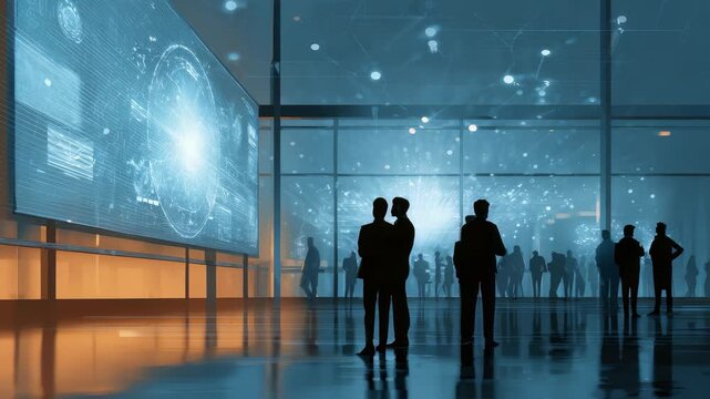 A group of people stands in front of a glowing digital display, discussing advanced analytics in a sleek, glass walled office. The scene conveys innovation, teamwork, and technology driven business