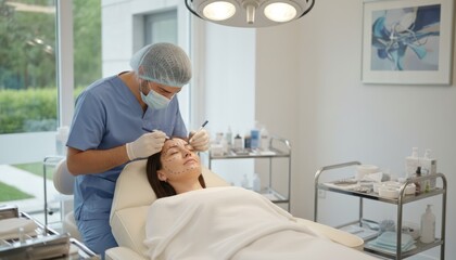 Fototapeta premium Cosmetic Procedure in Modern Clinic Cosmetic Treatment Medical Professional Patient Care Beauty Clinic Skincare Aesthetic Procedure Healthcare. Concept featuring cosmetic treatment, medical profess...