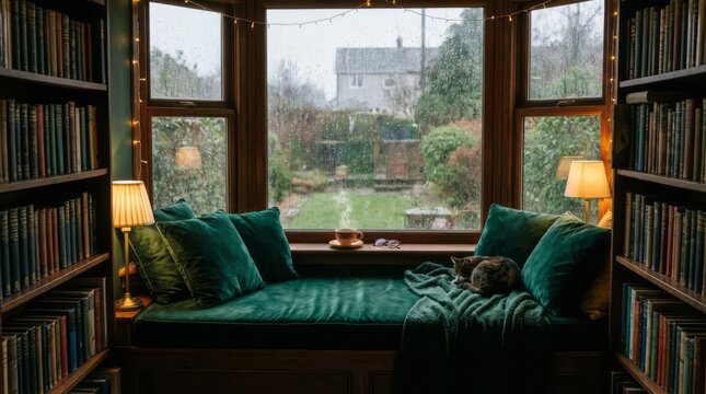 Cozy Reading Nook with Cat and Rainy View Reading Nook Cozy Cat Rainy Day Window Seat Home Interior Bookshelves. Concept featuring reading nook, cozy, cat, rainy day, window seat for professional c...
