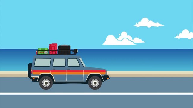 Seamless Loop Classic Blue SUV car traveling Animation with beach and blue sky background. Holiday, Transportation vector Looping animation SUV car with roof rack. easy to use
