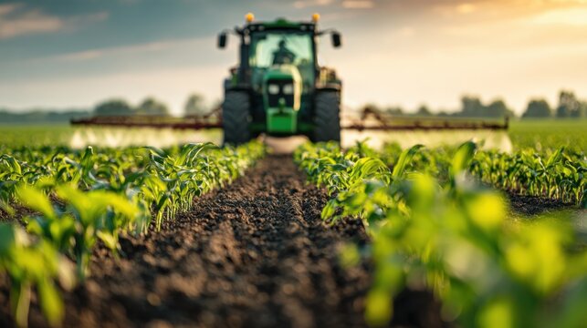 Modern tractor applies fertilizer in corn and soybean fields, showcasing plants and soil