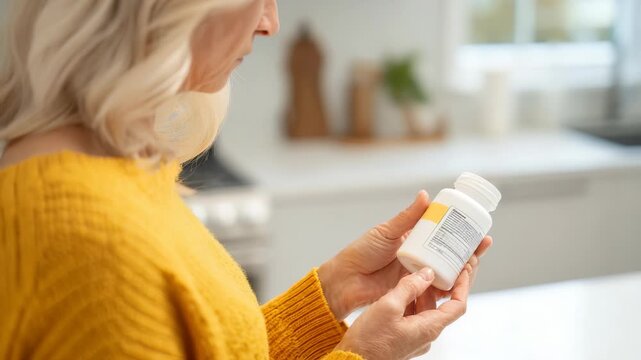 Mature female checks prescription bottle label, ensuring correct dosage and safety information. The scene highlights responsible medication management and health awareness at home