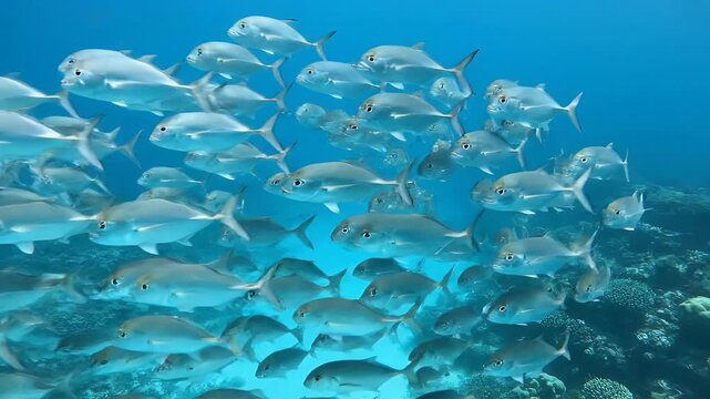 Large school of silvery jacks swimming above tropical coral reef