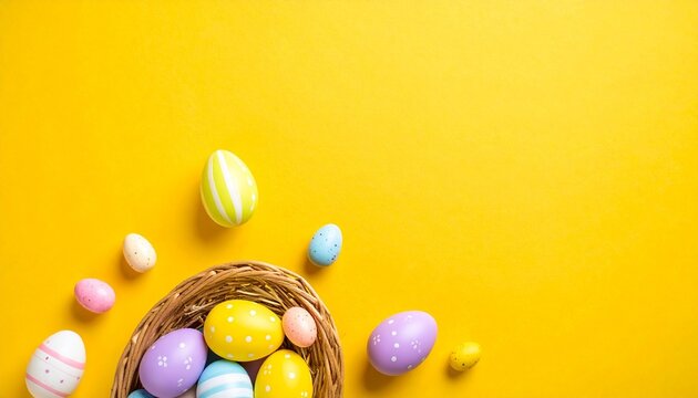 Basket of decorated Easter eggs with pastel patterns on bright yellow background